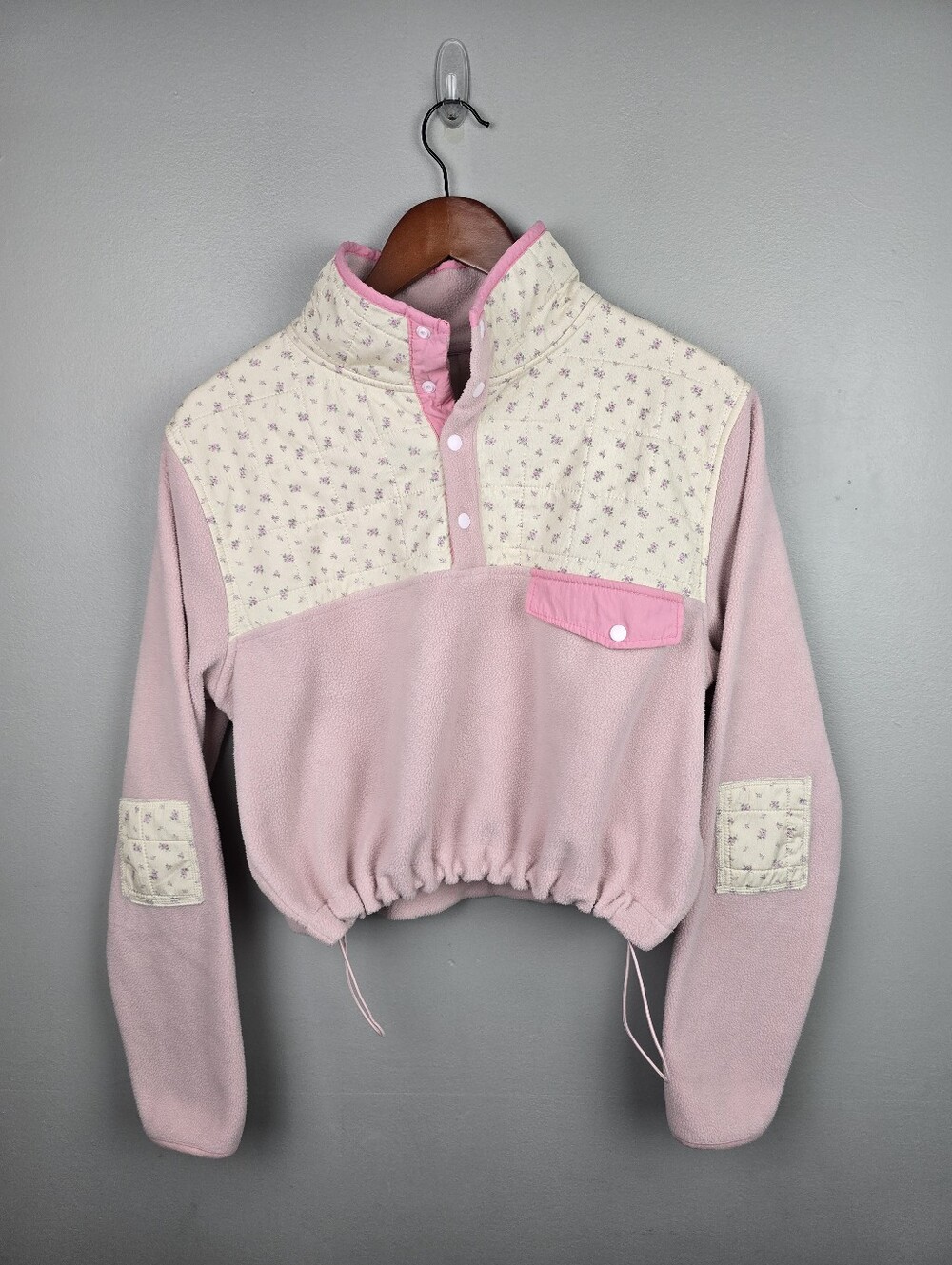 Cropped Fleece Floral Pullover Sweater Pink Womens Size M Cozy Quilted Cottage